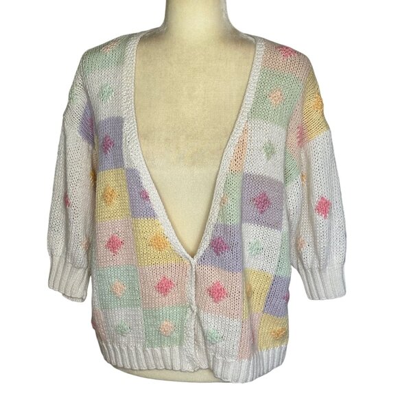 Pastel Checkerboard Cardigan Sweater Small Oversized Grandma Knit 90s - Picture 1 of 9